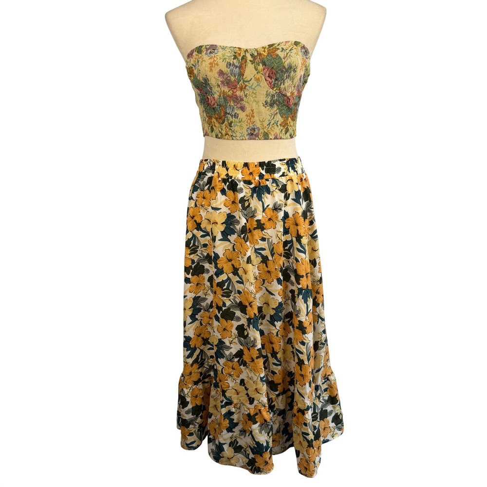 Yellow Hibiscus Floral Ruffle Midi Skirt Elastic Waist Tropical Small Vacation